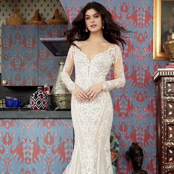 型号在大型蕾丝长袖V领配合和喇叭礼服