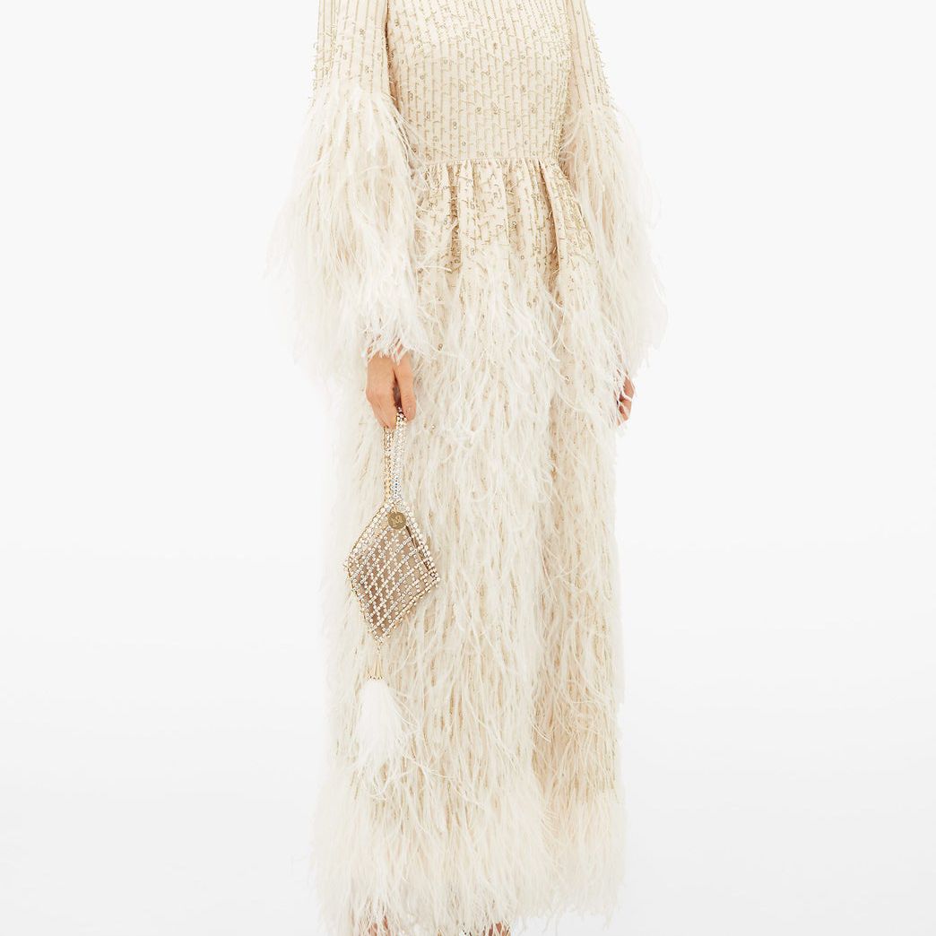 华伦天奴羽毛装饰串珠羊毛混纺礼服29000美元