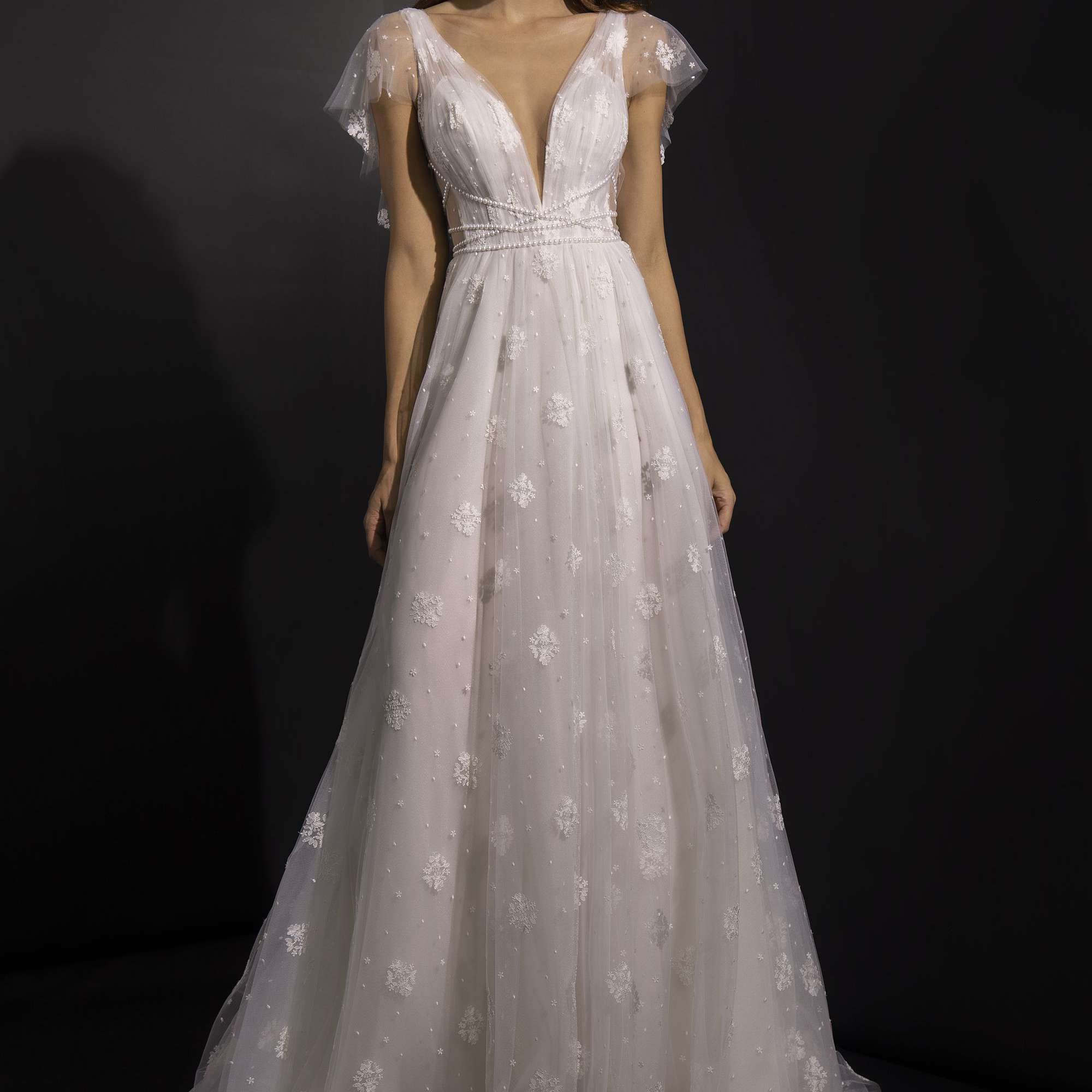 模型在V领A线袍薄纱扑袖子和花边装饰