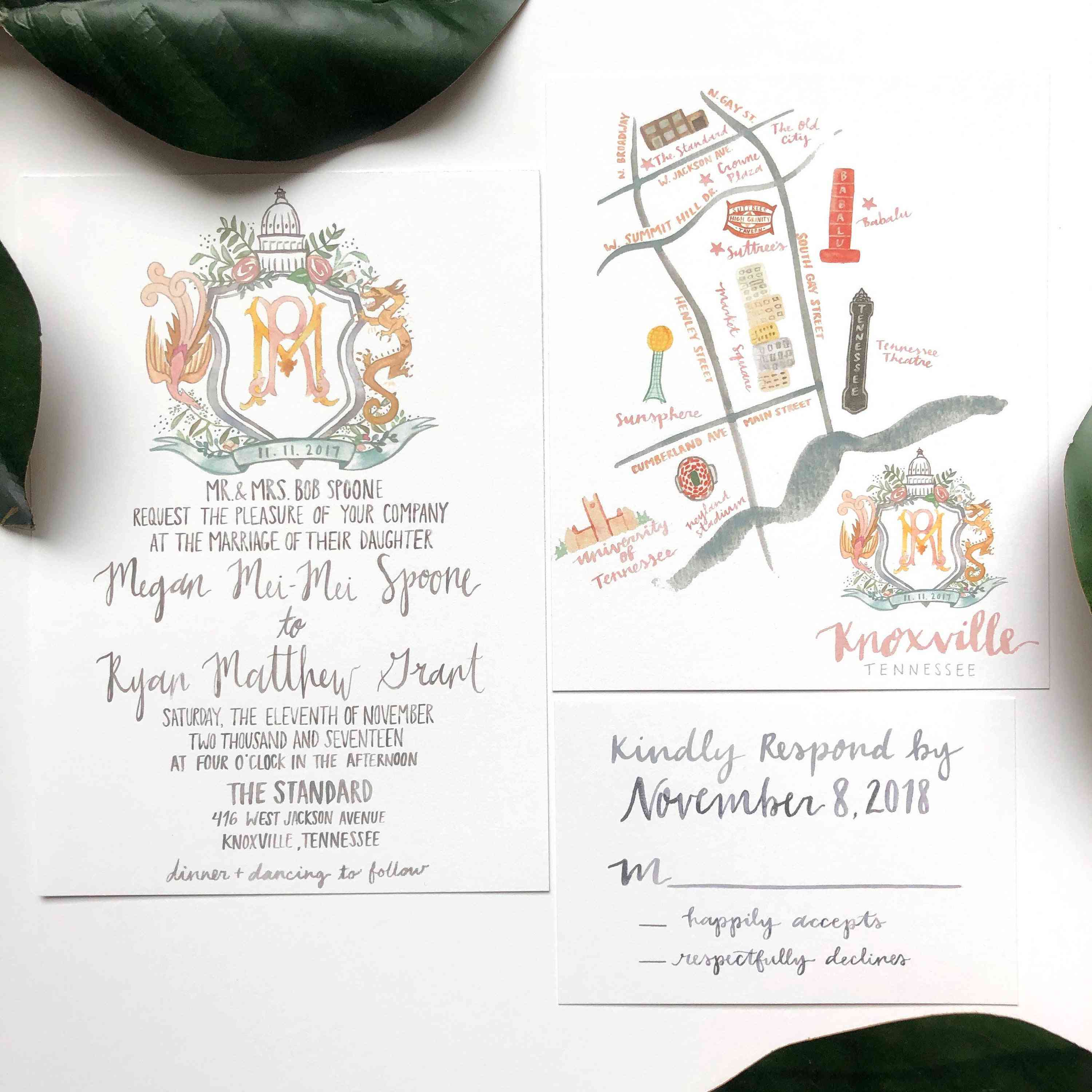 在水彩中的定制3件婚礼邀请套件