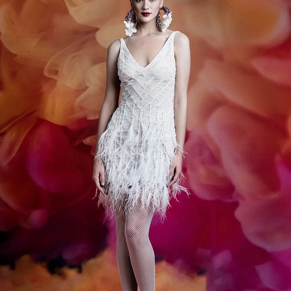 在V领短型刺绣礼服裙的羽毛