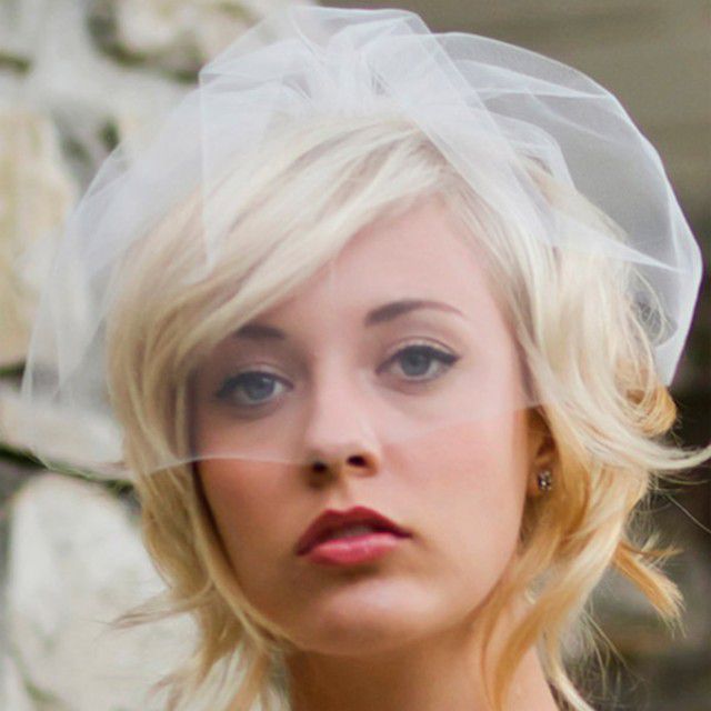 穿着薄纱鸟笼面纱的金发新娘