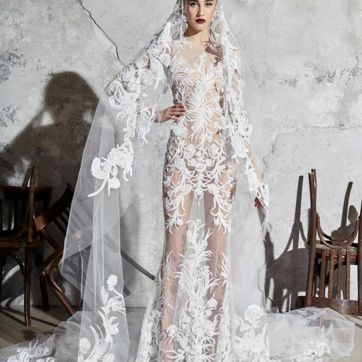 模型印花布错觉薄纱礼服与串珠刺绣和一个匹配的面纱