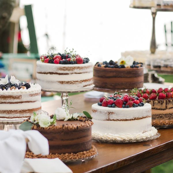 夏天7月，在后院的一个小型婚礼上，混合巧克力蛋糕和浆果蛋糕的甜点桌