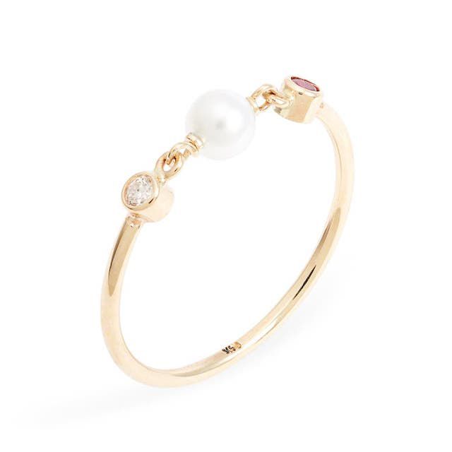 珍珠、钻石和红宝石戒指，带金戒指