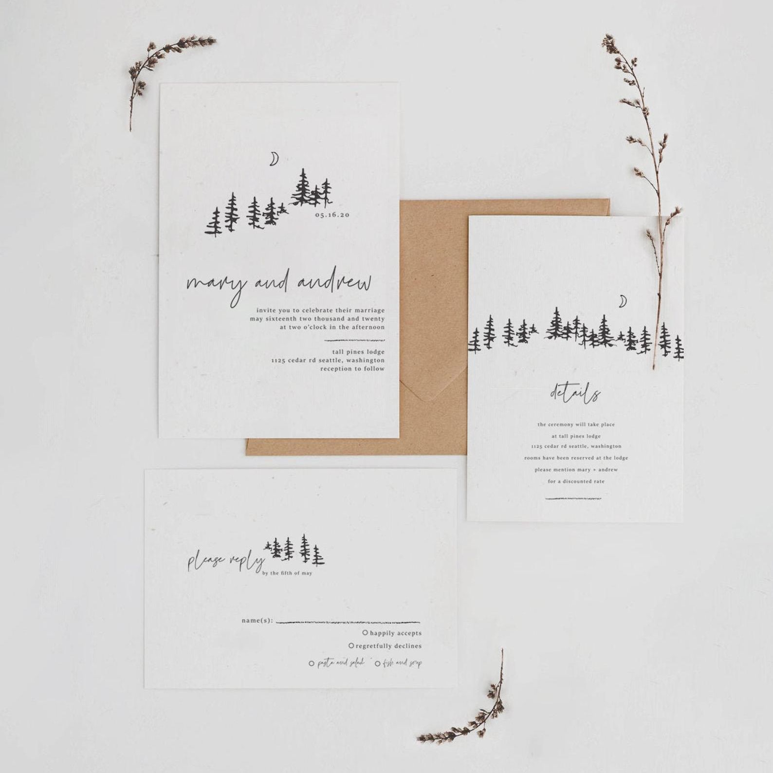 极简主义树婚礼邀请套房