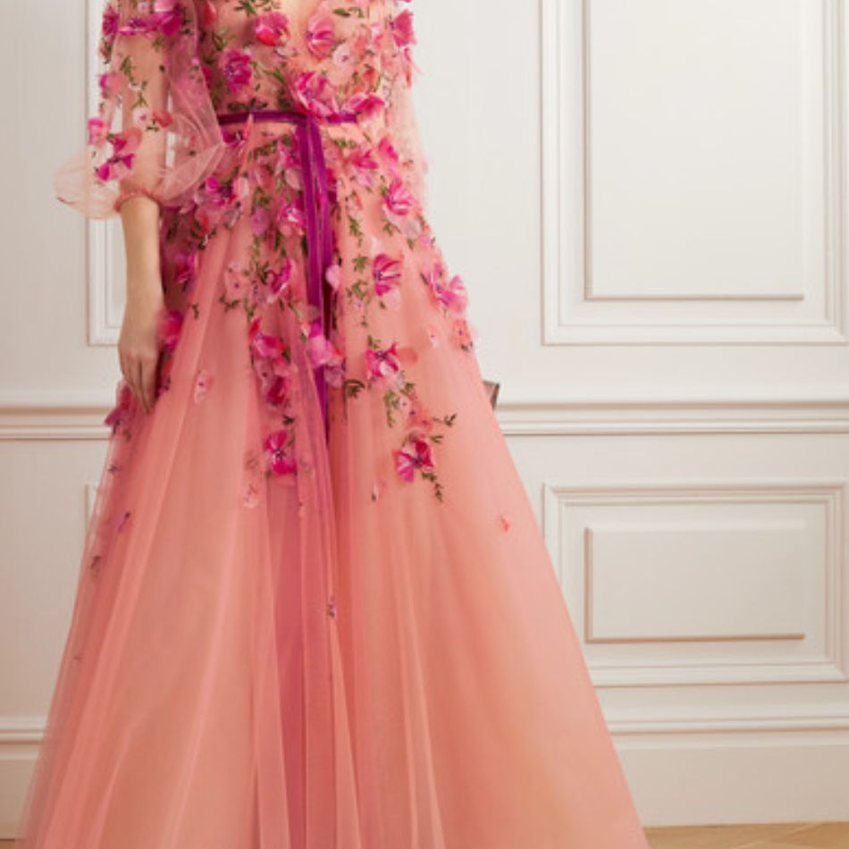 Marchesa velvet-trimmed缀饰刺绣ombrétulle gown