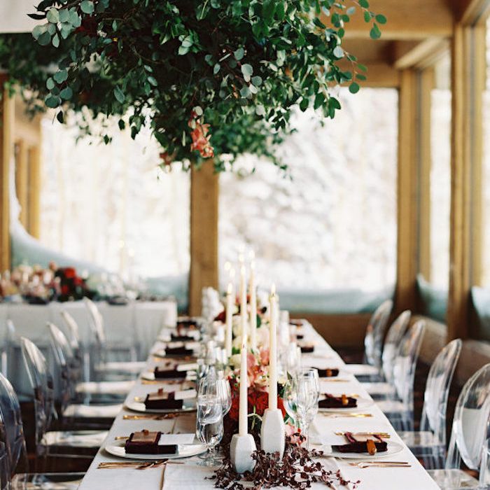 桌子上有绿色植物枝形吊灯