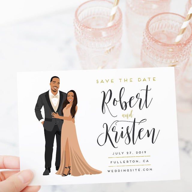 小姐设计贝瑞公司保存日期卡与夫妇肖像绘画