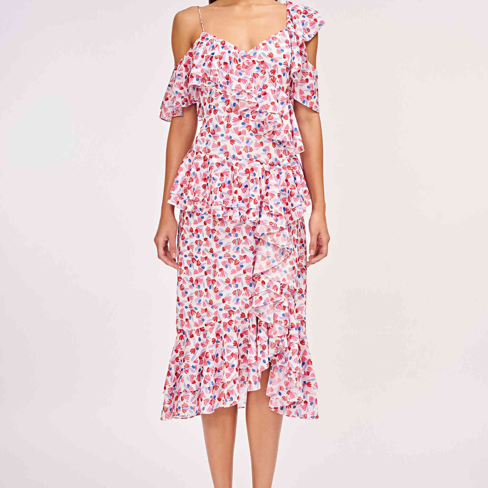 花卉midi连衣裙与不对称的褶边