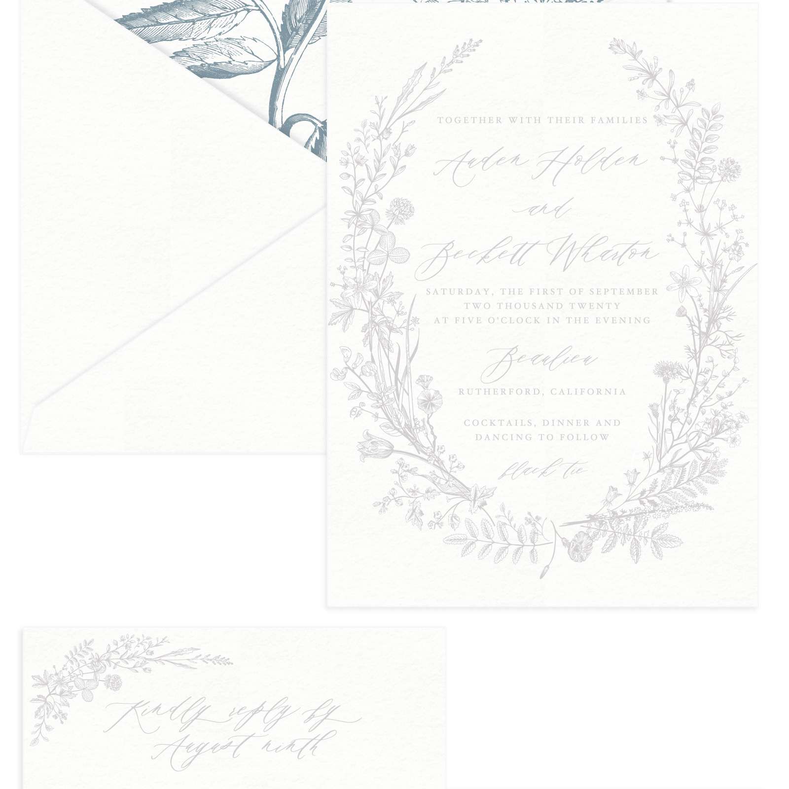 白色和蓝色花卉婚礼邀请和信封