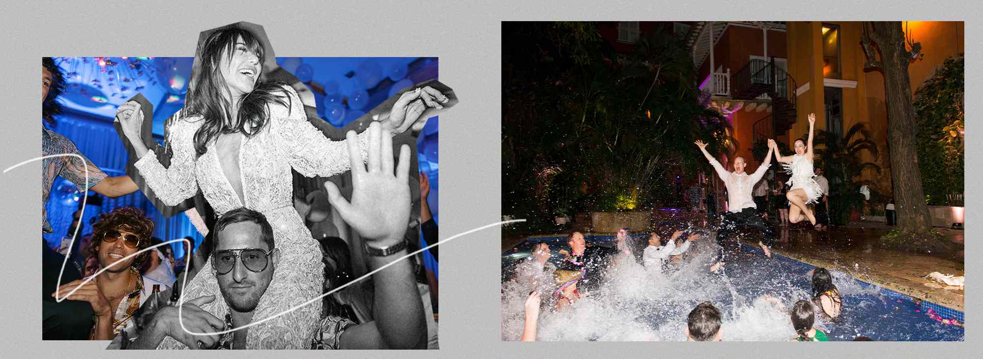 新娘在婚礼上跳舞，新娘和新郎跳进游泳池