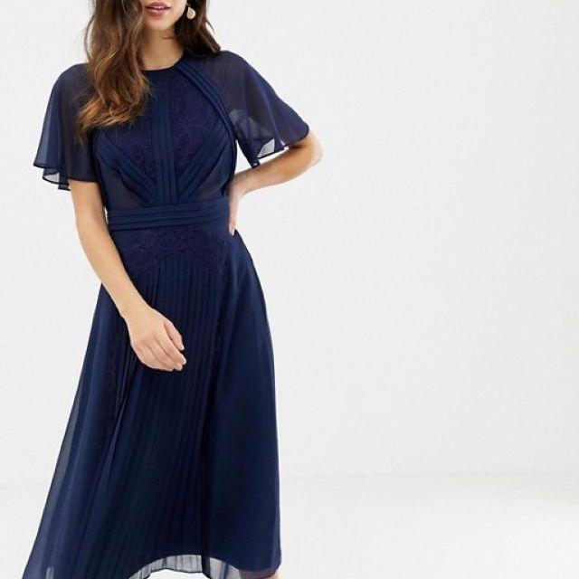 镶褶袖扑MIDI礼服镶花边