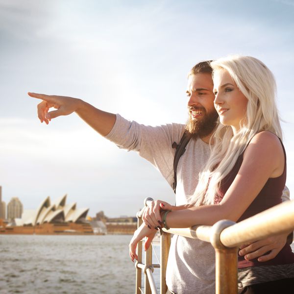 年轻夫妇看着澳大利亚悉尼天际线
