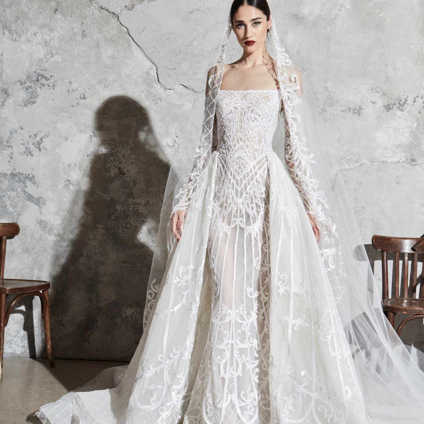 模型在刺绣长袖露肩礼服的绣花罩裙和一个匹配的纯粹的绣花面纱