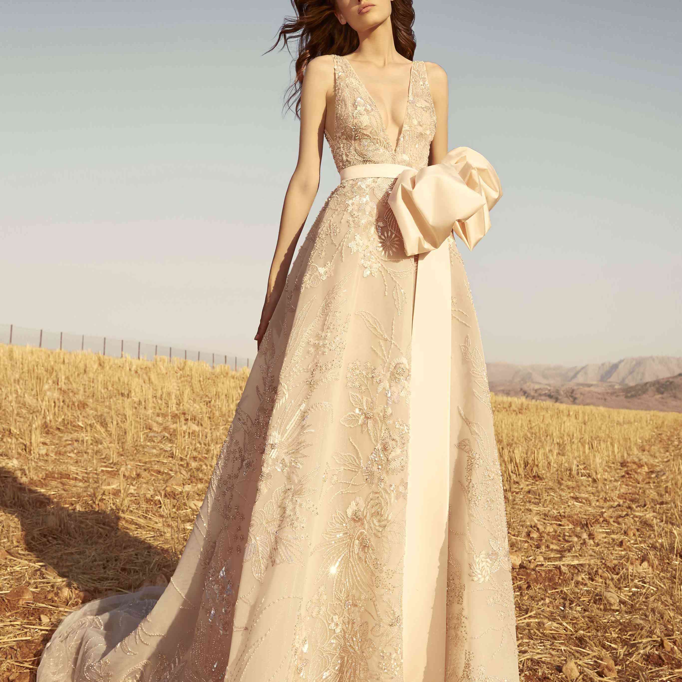 模型在一个完全绣花壳薄纱礼服用塔夫绸腰带的弓和v型领口