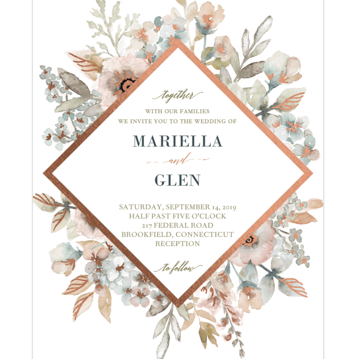 婚礼请柬用水彩花和钻石几何