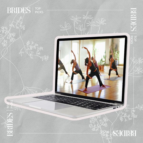 播放瑜伽类的膝上型计算机的照片综合。