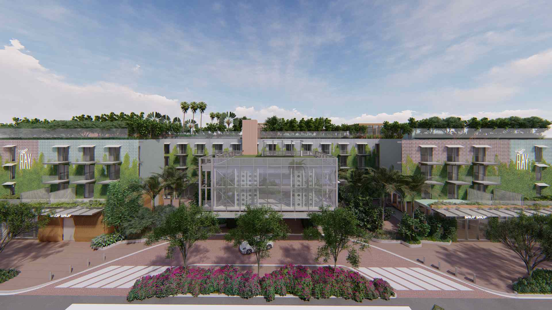 渲染光线旅馆在德国海滩显示外部和玻璃​​立方体特色