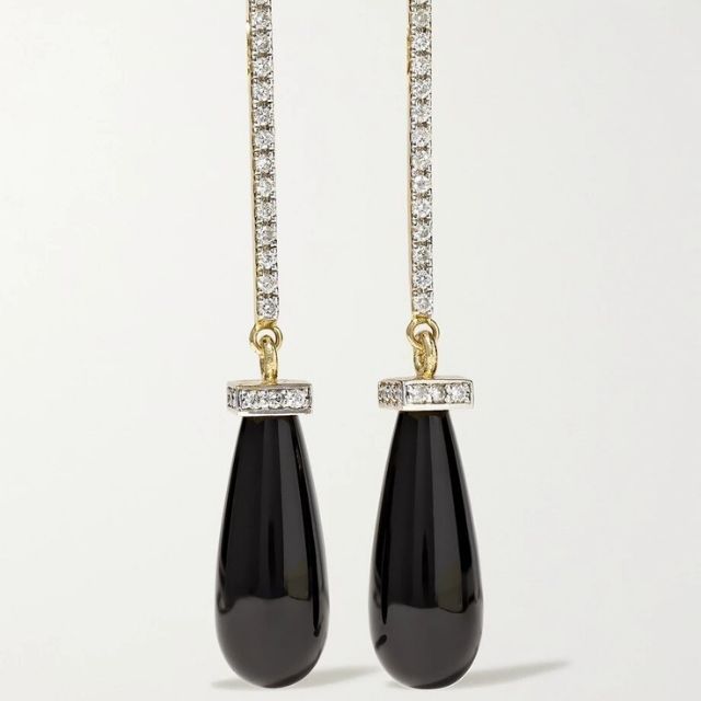 马特奥14克拉金，缟玛瑙，钻石耳环