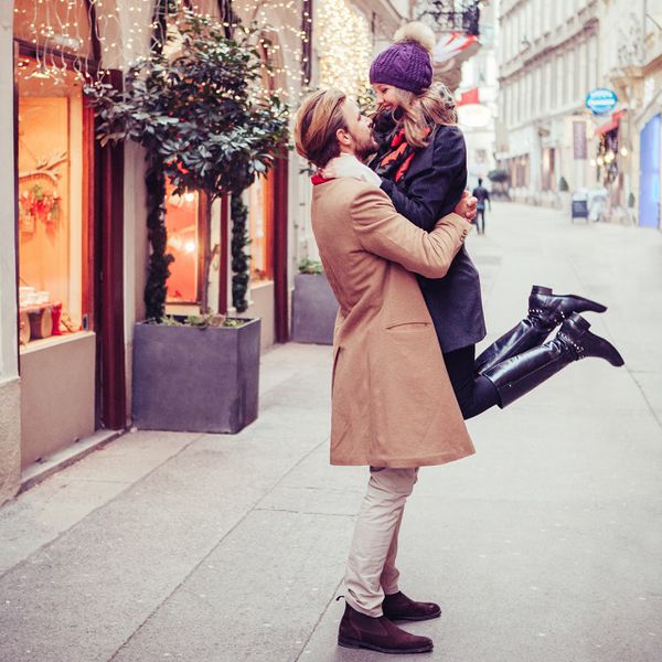 Couple hugging in the street