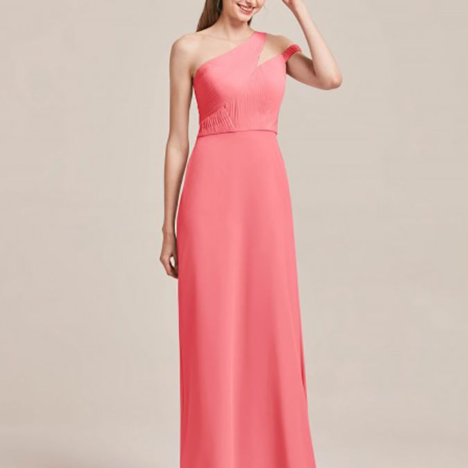 单肩长伴娘礼服珊瑚