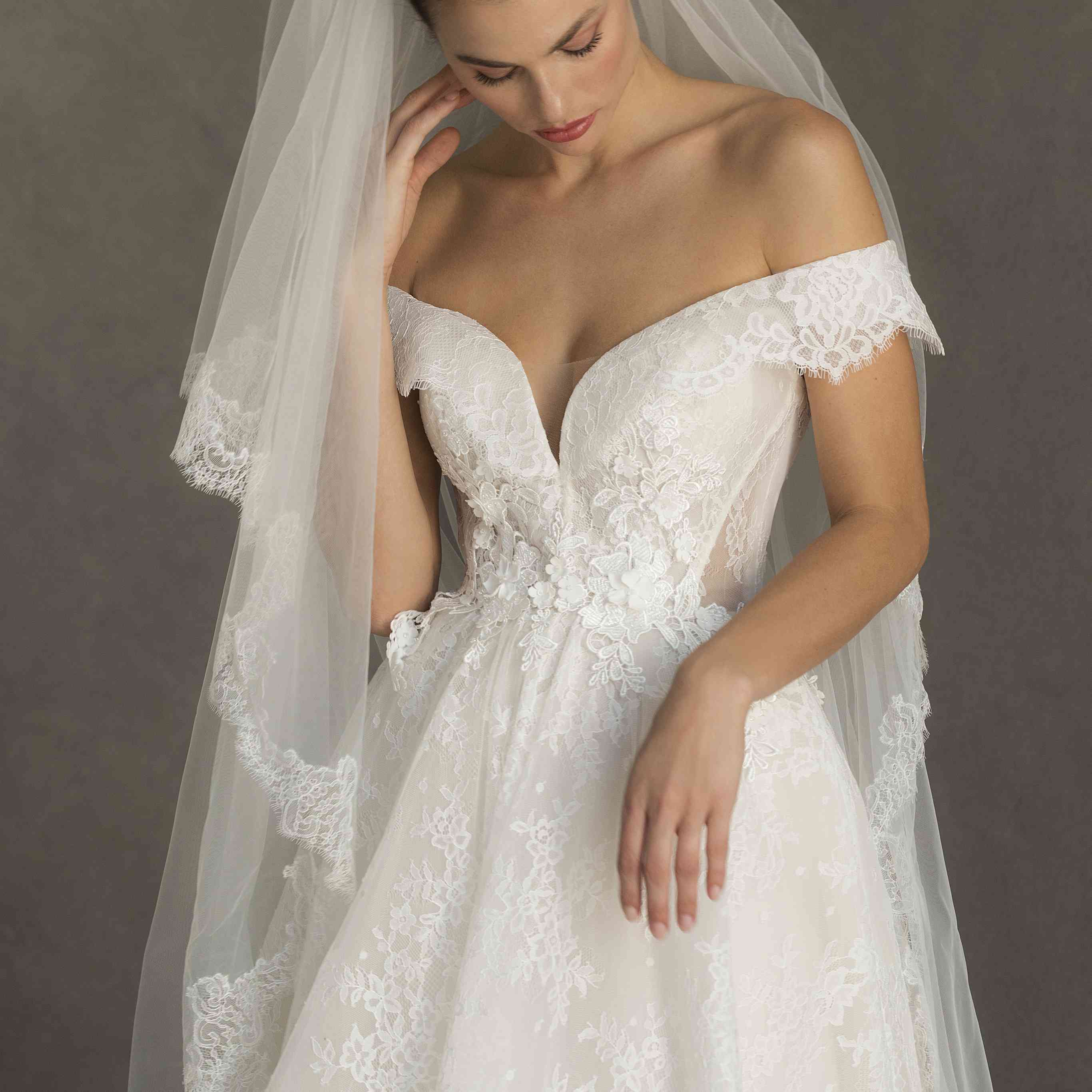 模型在场外的肩花边长礼服与匹配的面纱