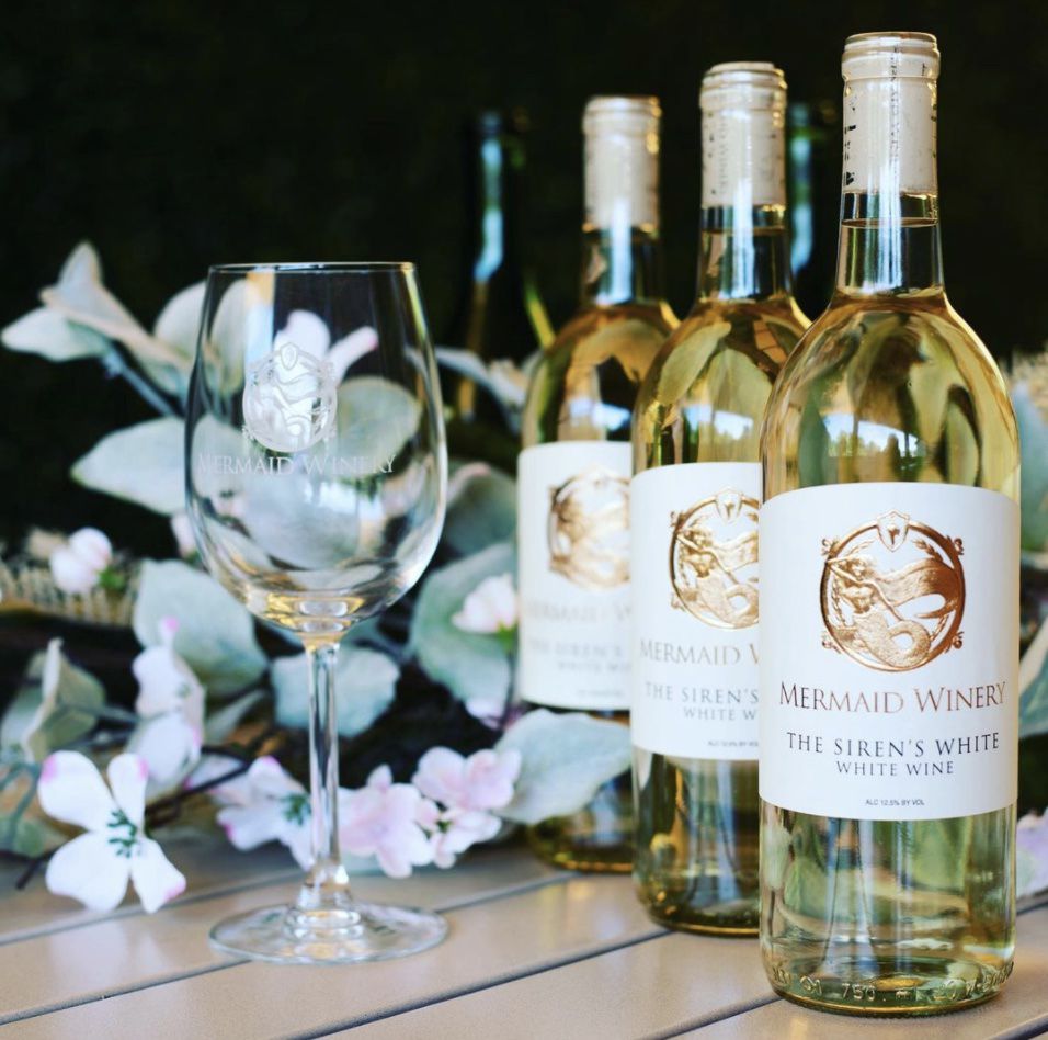 瓶白葡萄酒和葡萄酒杯从美人鱼酒厂