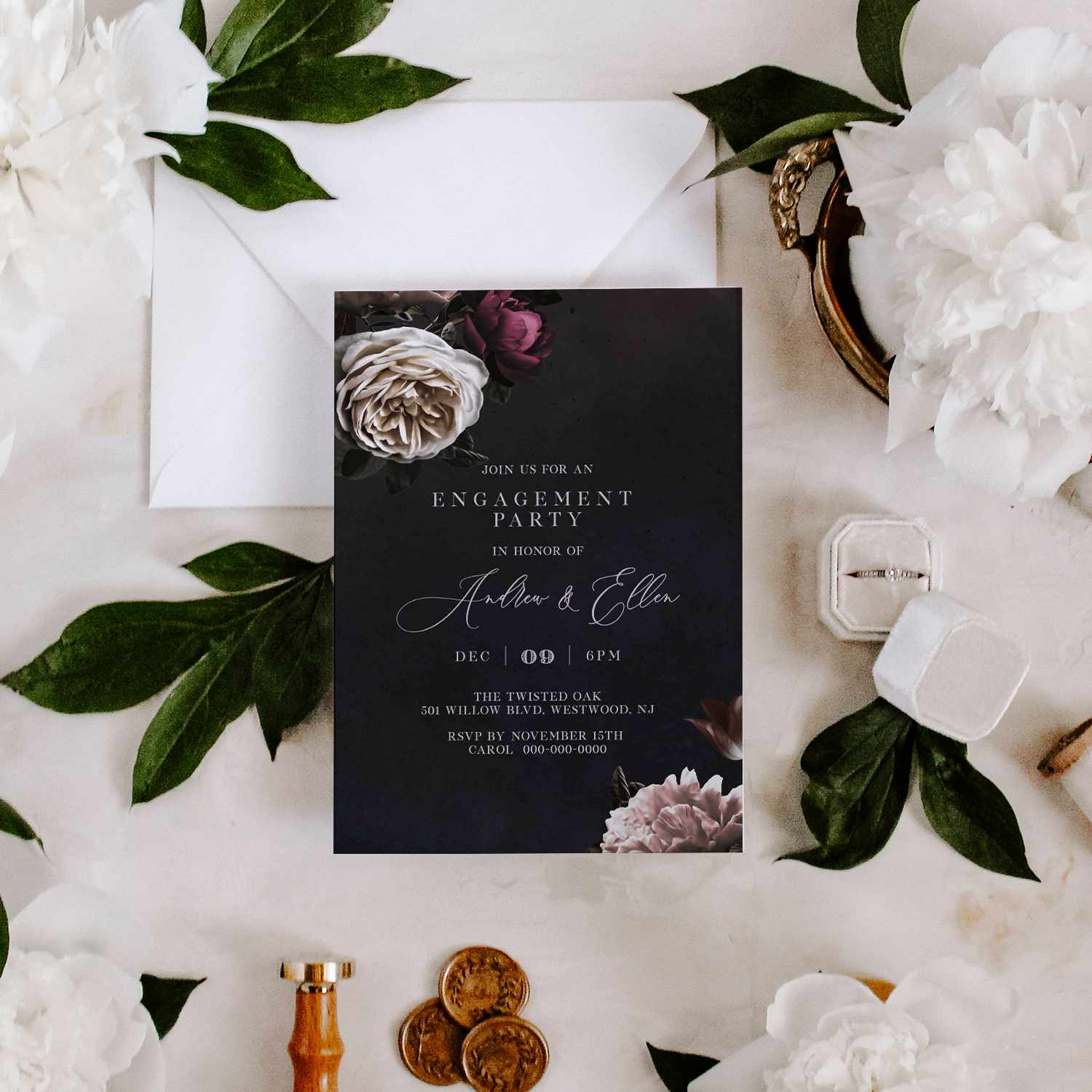 黑色与花卉订婚派对邀请188bet官网88bet官网