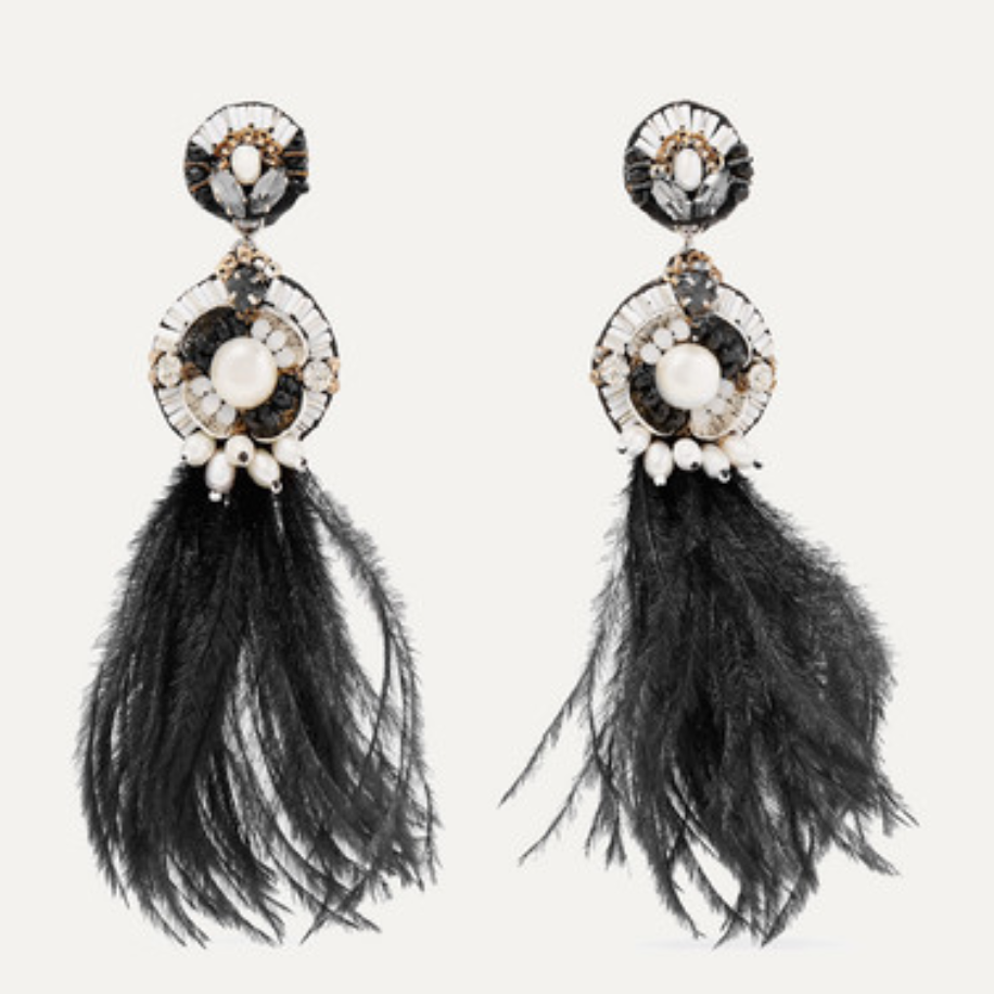 RANJANA KHANGold色调，皮革，羽绒，母珍珠和水晶夹式耳环