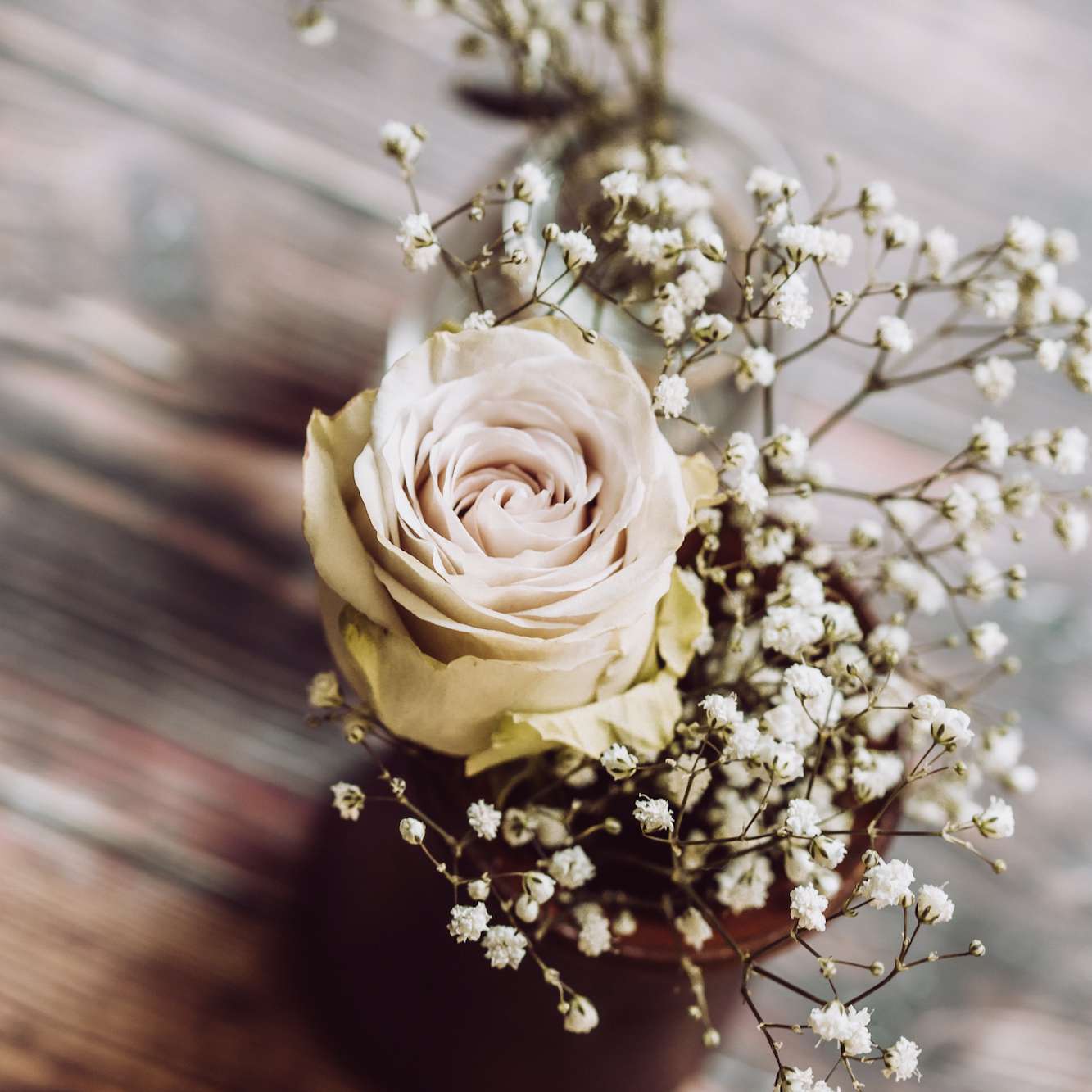 木桌上的花瓶里有一朵带着婴儿气息的玫瑰