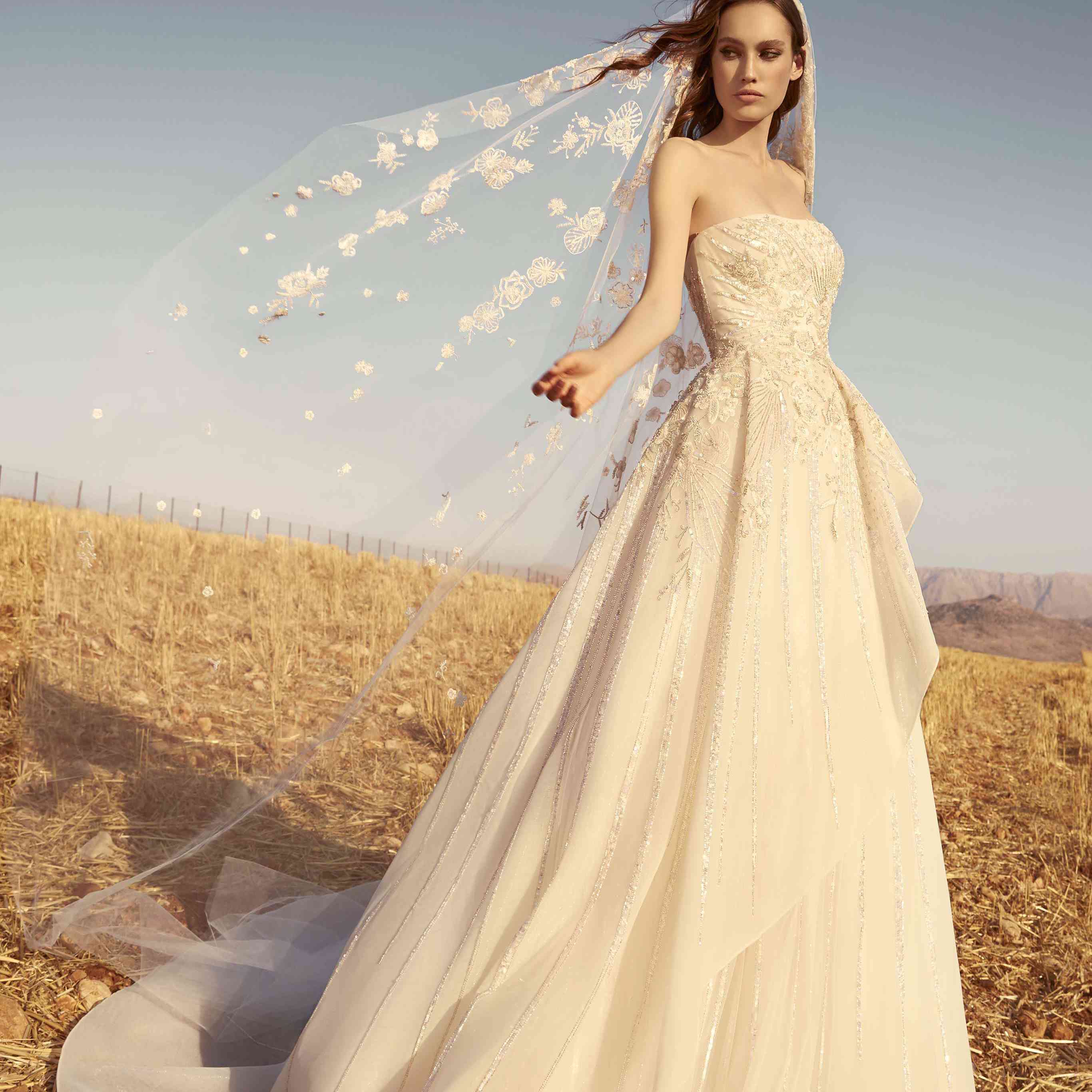 模型在无肩带、分层的爆发完全串珠瘸腿薄纱裙子躺一个匹配的面纱