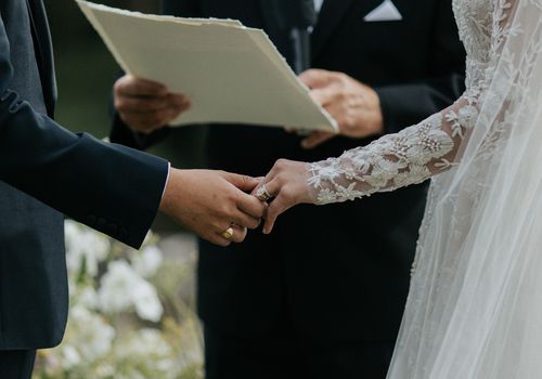 握手的新娘和新郎结婚戒指