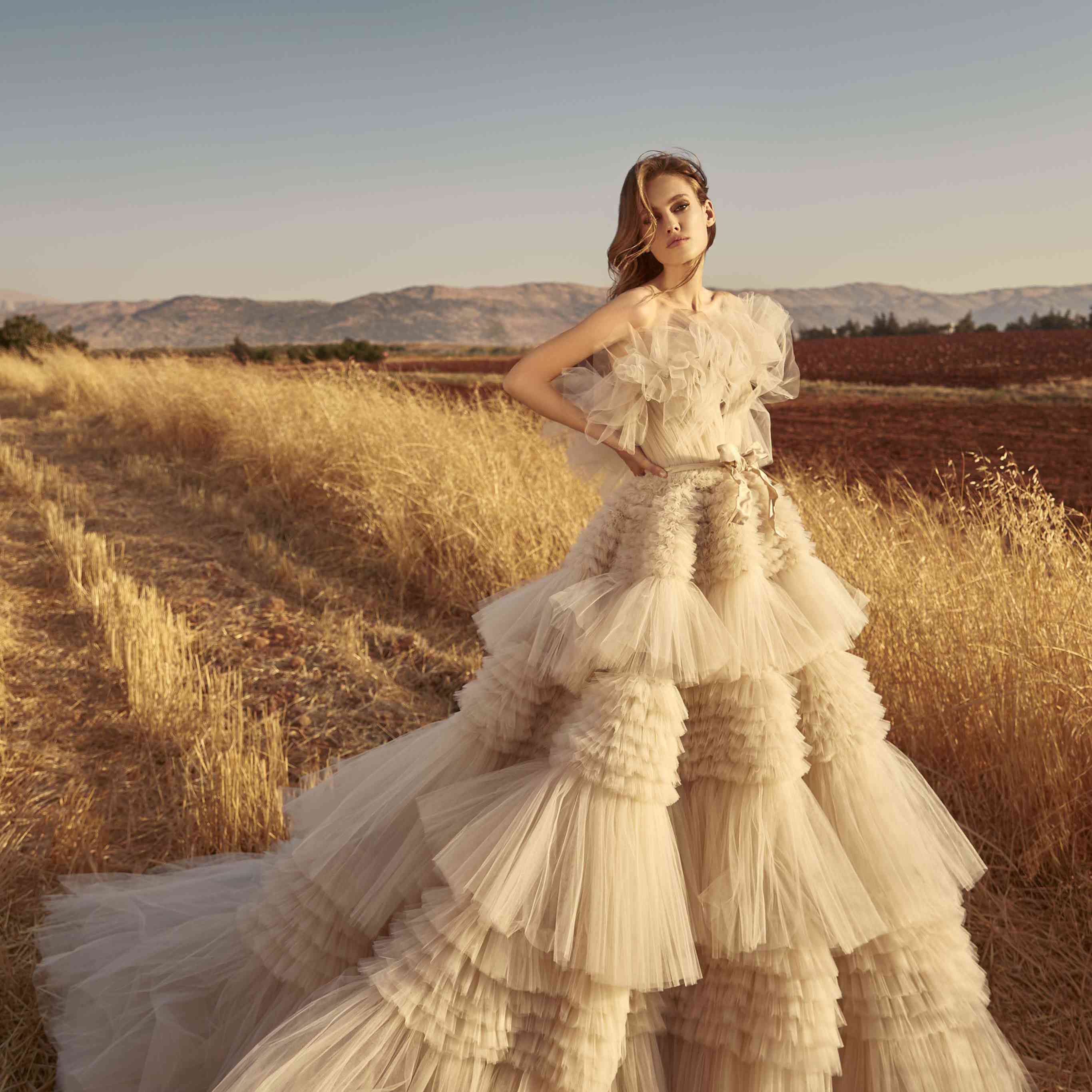 模型在一个心形的喇叭烟灰色分层折边薄纱礼服