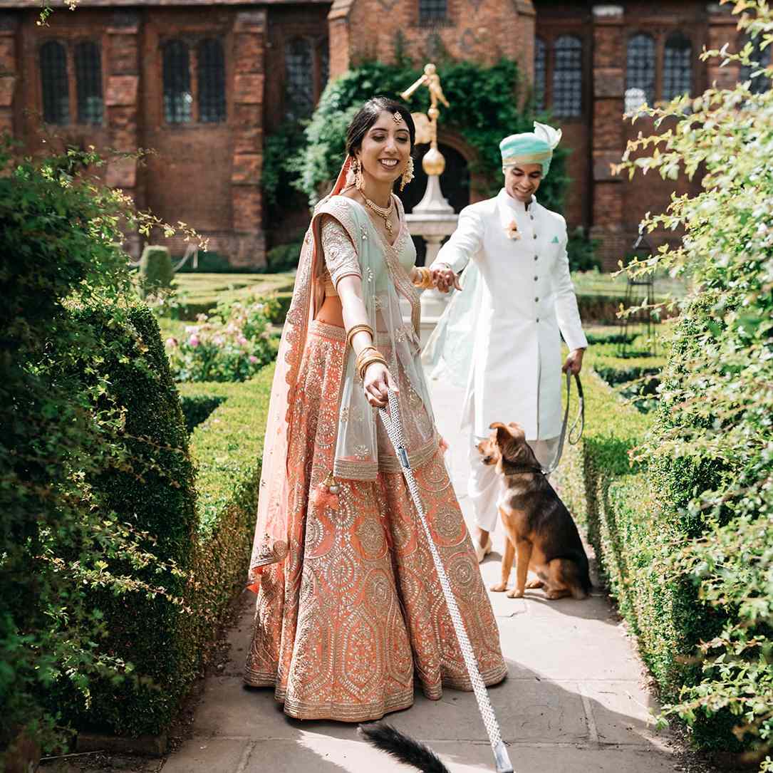 新娘和新郎走自己的狗