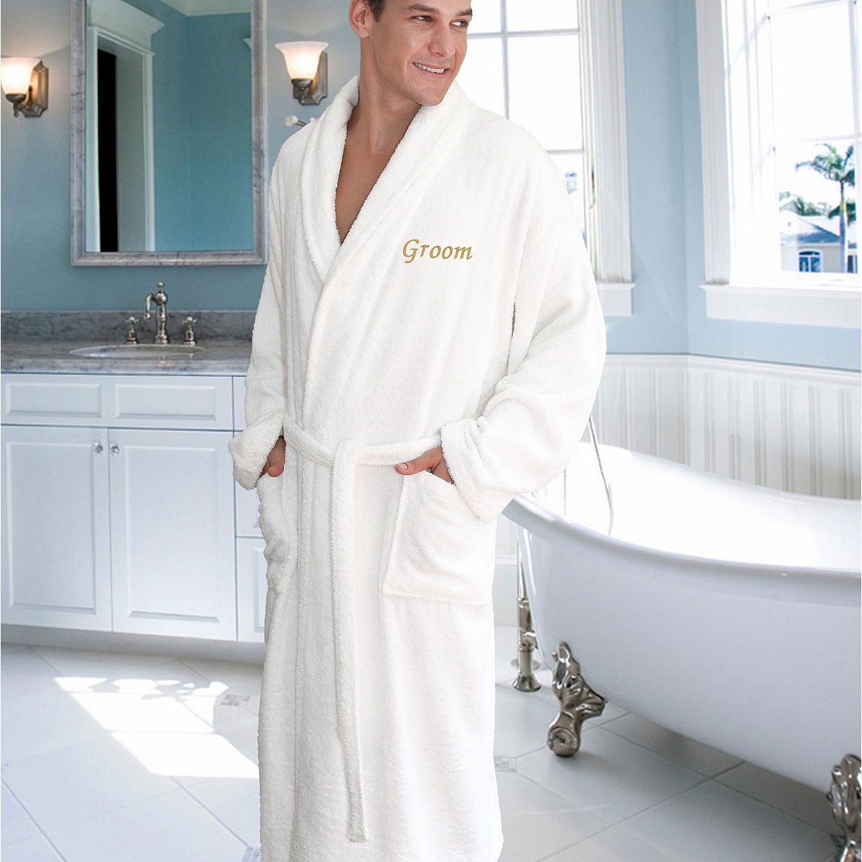 亚麻家纺毛巾布浴袍，绣着“新郎”