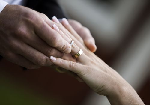 新郎和新娘戴上戒指“class=